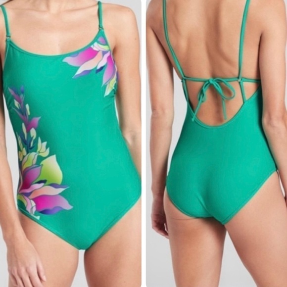 Athleta Teal Vintage Floral Hawaiian Green Pink One Piece Strappy Swimsuit - Picture 1 of 8